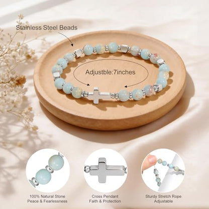 Natural Stone Stretch Bracelet for Women - Holy Water Elastic Cross Bracelet | Christmas Christian Baptism Gift, Meaningful Gifts, Unique Gift for Friends Mom Daughter Sister - style: cross-Joshua