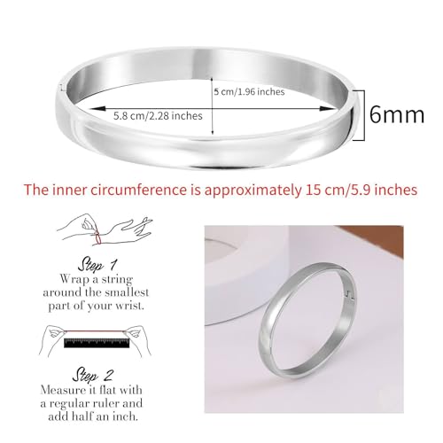 Womens 6MM Stainless Steel Brecelet Plain Polished Finish Cuff Bangle - color: Silver(Engraved)