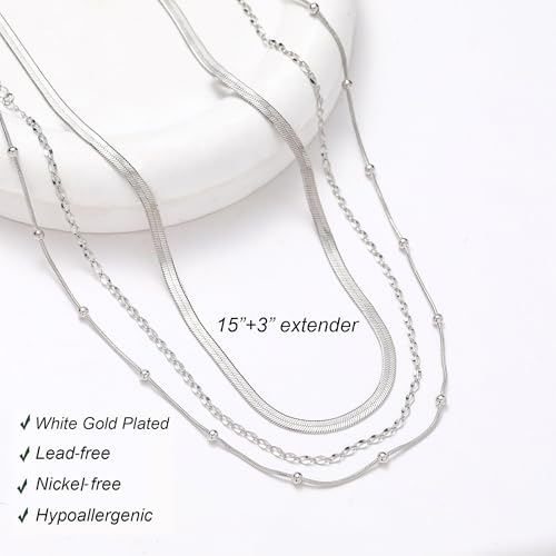 wgoud Gold Necklace for Women Waterproof,14K Real Gold Plated Herringbone Choker Necklace for Women Trendy, Dainty Gold Chain Necklaces Stack,Simple Layered Gold Necklaces for Women Jewelry Gifts - color: 3Pcs Silver Necklace B