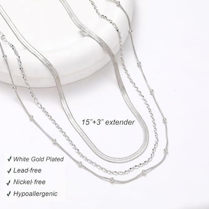 wgoud Gold Necklace for Women Waterproof,14K Real Gold Plated Herringbone Choker Necklace for Women Trendy, Dainty Gold Chain Necklaces Stack,Simple Layered Gold Necklaces for Women Jewelry Gifts - color: 3Pcs Silver Necklace B