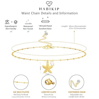 14K Gold Plated Layered Body Waist Chain for Women | Layered Waist Chain with CZ Heart and Pearl Pendant, Belly Chain Belt Jewelry for Women, Bikini Summer Beach Wear - style: Starfish Waist Chain