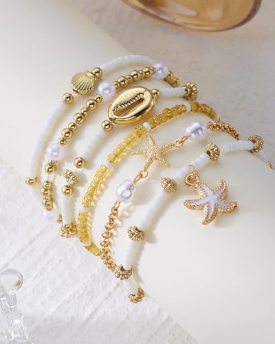 Shell Bracelets for Women Layered Seashell Starfish Bracelets Stackable Stretch Boho Beaded Bracelet Summer Beach Surfer Bracelet Seaside Beach Dress Outfits Accessories - color: B1:shell bracelets
