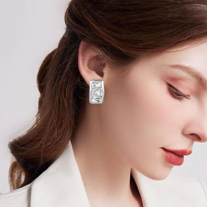 REELMAR Chunky Geometric Clip On Earrings for Women Trendy Gold-Plated Thick Hammered Rectangle Dupes Earrings Minimalist Statement Earrings No Piercing Clips - color: Square-Silver