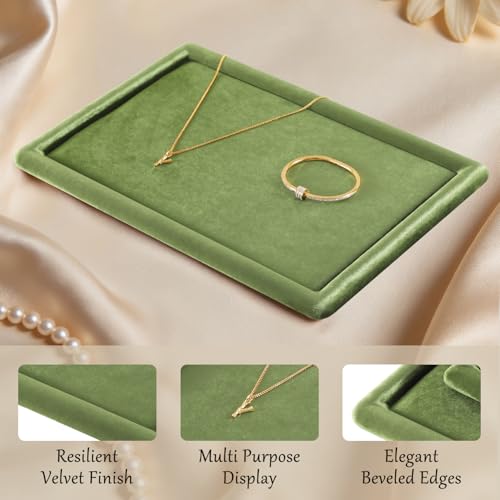 Velvet Jewelry Display Tray for Ring Earrings Necklace Bracelet Flat Tray - color: Olive Green, size: 12.99 × 9.06 in