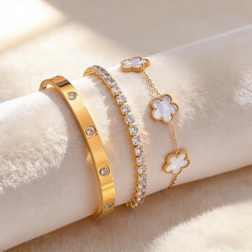Gold Bracelet Stack,18K Gold Plated Clover Bracelet Love Gold Bangles Tennis Bracelet,3Pcs Gold Bracelets for Women Trendy Non Tarnish Gold jewelry for Women Gift - color: WHITE
