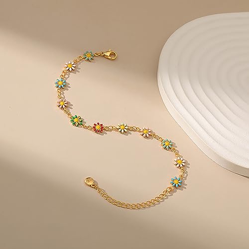 Dainty Gold Bracelets for Women, 18 Gold Plated Adjustable Evil Eye/Butterfly/Beaded/Pearl/Heart/Turquoise Handmade Bracelet for Women - style: Daisy
