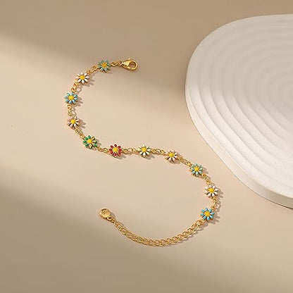 Dainty Gold Bracelets for Women, 18 Gold Plated Adjustable Evil Eye/Butterfly/Beaded/Pearl/Heart/Turquoise Handmade Bracelet for Women - style: Daisy