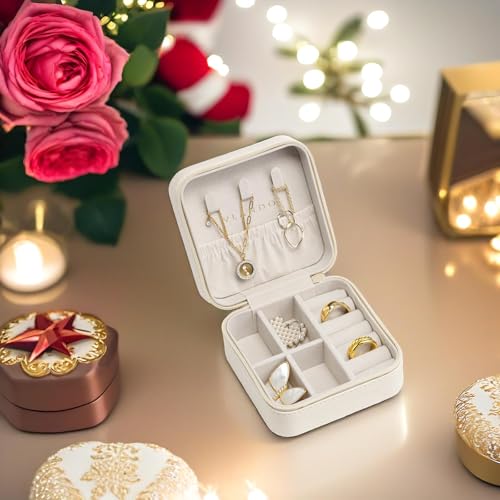 VLANDO Small Travel Jewelry Box Organizer Display Case for Girls Women Gift Rings Earrings Necklaces Storage, Beige - color: Beige
