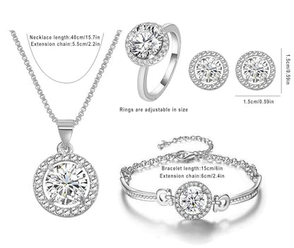 Women 4Pieces Cubic Zirconia Jewellery Set Rhinestone Necklace Earrings Bracelet Ring - color: Silver