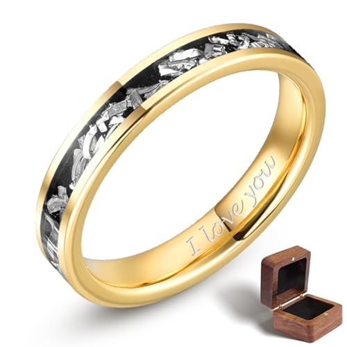 TUNGSTORY Tungsten Wedding Bands for Women, 4mm Imitated Meteorite Inlay Wedding Rings Classic Black & Gold Ring Comfort Fit Jewelry Gift for Her Size 5-10 - color: Gold--Custom