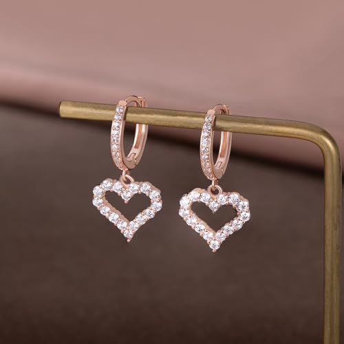 SLUYNZ 925 Sterling Silver CZ Sweet Love Hoop Earrings for Women Teens Hollow Heart Huggie Earrings Drop - color: C-Rose Color