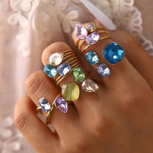 Geometric CZ Crystal Statement Rings for Women Ladies Stainless Steel Gold-Tone Plated Wedding Band Adjustable Open Gemstone Comfort Fit Finger Stacking Cocktail Party Ring Stylish Holiday Jewelry
