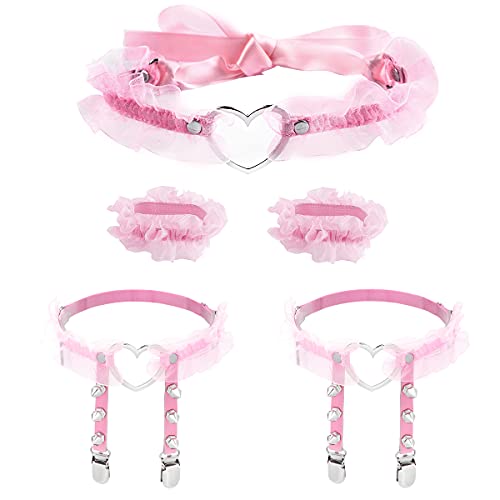 Eigso Velvet Gothic Garter for Women Heart Leg Ring with Rivets Elastic Lace Bracelets Choker Set - color: Pink