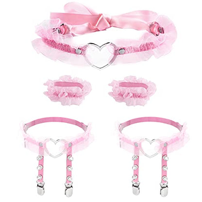 Eigso Velvet Gothic Garter for Women Heart Leg Ring with Rivets Elastic Lace Bracelets Choker Set - color: Pink