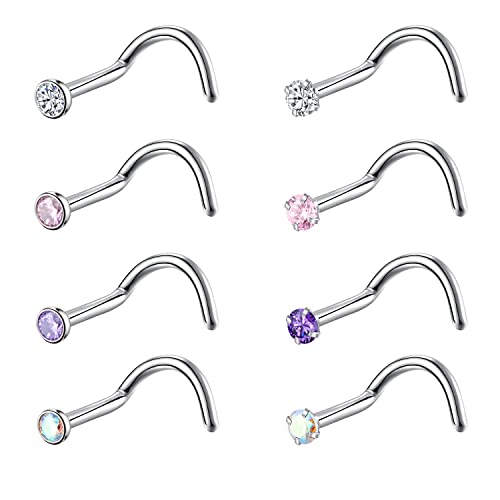 8PCS G23 Titanium Twist Screw Nose Studs 18G 20G Nose Rings 2mm 2.5mm 3mm Clear Pink Purple Aurora CZ Gold Nose Piercing Studs Nostril for Women Men - style: 18g silver mix-color cz 2mm