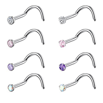 8PCS G23 Titanium Twist Screw Nose Studs 18G 20G Nose Rings 2mm 2.5mm 3mm Clear Pink Purple Aurora CZ Gold Nose Piercing Studs Nostril for Women Men - style: 18g silver mix-color cz 2mm