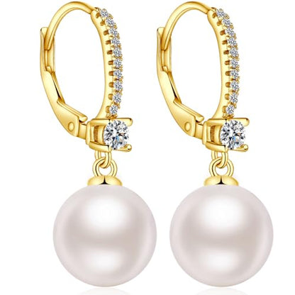 Jiamiaoi Pearl Dangle Earrings 925 Sterling Silver Pearl Earrings for Women 10mm White/Black Pearls - color: A5-Yellow-10mm Pearl