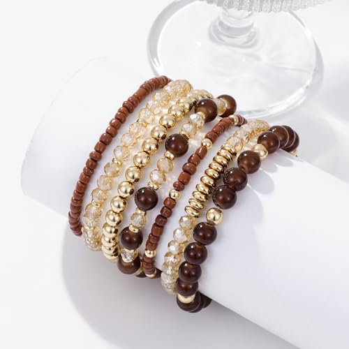 Boho Beaded Stretch Bracelets For Women Stackable Crystal Gold Plated Beaded Bracelets Set Trendy Handmade Friendship Braeclet Jewelry Gifts - color: A-Brown Set