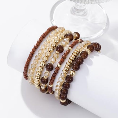 Boho Beaded Stretch Bracelets For Women Stackable Crystal Gold Plated Beaded Bracelets Set Trendy Handmade Friendship Braeclet Jewelry Gifts - color: A-Brown Set