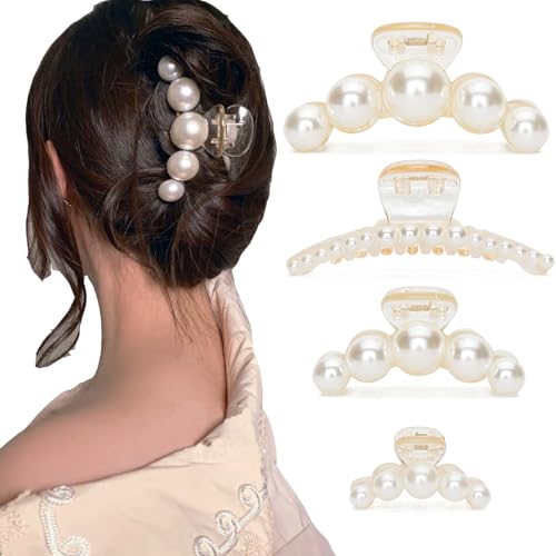 Hair Clips for Women, Large High-Gloss Pearl Hair Claw Clip Set Strong Hold No Slip, Banana Jaw Clip Barrettes, Hair Accessories Birthday Wedding Day Gift for Girl Wife Styling Thick Thin (4 PCS) - size: 1 Count (Pack of 4)
