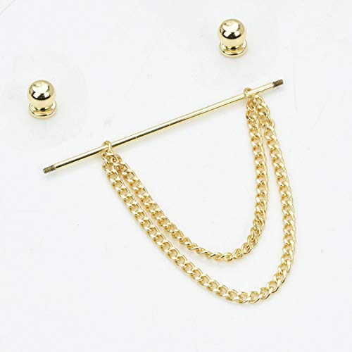 Men's Gold Plated Brass Collar Bar with Double Hanging Chain Tassel Shirt Tie Bar Collar Brooch - color: Gold Ball with Base Head