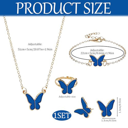 Butterfly Jewelry Set, Including Butterfly Necklace, Bracelet, Stud Earrings, and Adjustable Ring for Women - color: Blue