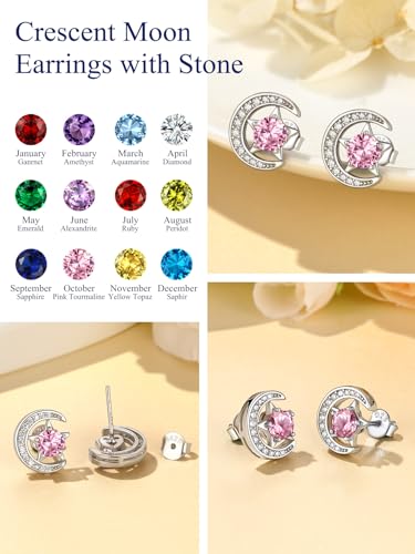 Suplight Sterling Silver Moon and Star Birthstone Crystal for Women with Dainty Silver Necklaces/Stud Earrings 1-12 Month Birthstone Emerald Pendant Sparkling Cubic Zirconia Gem Dainty Jewelry for Birthday Everyday - color: 04.April ( Clear Quartz)