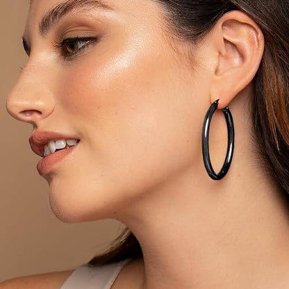 4mm Thick Gold Chunky Earrings Steling Silver Post Hoops Earrings For Women Hollow Tube Hoops Earrings Thick Gold Hoop Earrings Hypoallergenic Lightweight Gold Hoop Large Earrings 20/30/40/50/60MM - color: black,4*50mm