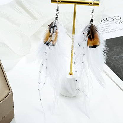 Long Bohemian Pheasant Feathers Statement Earrings Handmade Natural Lightweight Feather Dangle Earrings for Women (ea000067) - color: White