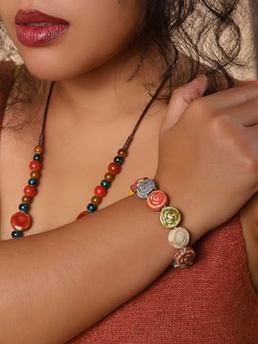 Boho Hippie Colorful Ceramic Beads Strand Stretch Bracelet, Bohemian Summer Beach Jewelry Gift for Women - color: S05
