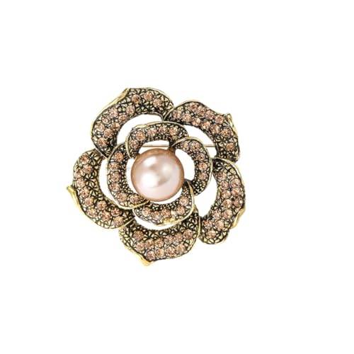 Brooch Pin, Vintage Floral Design In Antique Silver Tone Zinc Alloy With Grey Crystals And Faux Pearl Center - color: MM-BR-0001-BR
