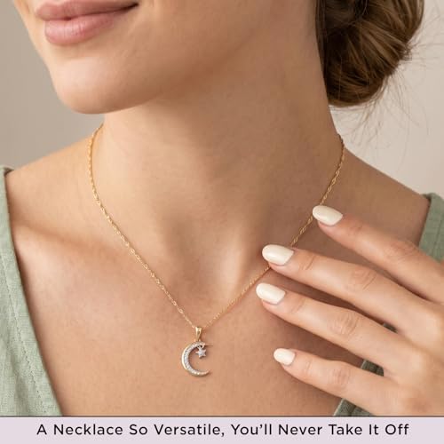 Jewelili 10K Yellow Gold Moon & Star Diamond Pendant Necklace for Women, 1/10 CTTW Natural White Round Diamonds, 18" Gold-Filled Rope Chain, Gift Box Included