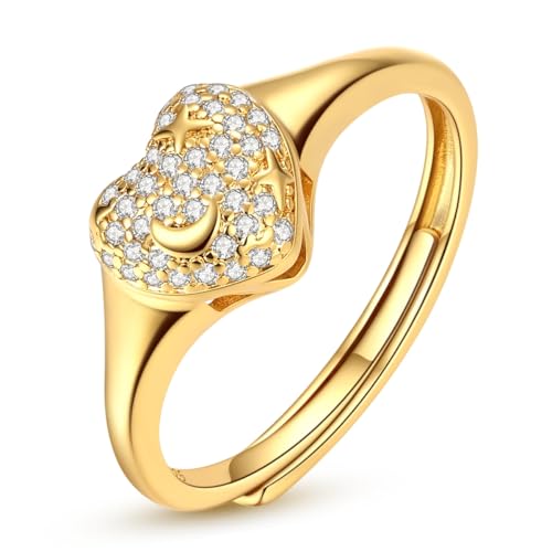 925 Sterling Silver Adjustable Rings for Women 14K Gold Plated Thumb Rings | Stackable Statement Eternity Rings Dainty Starfish Star Moon Heart Lucky Open Ring Trendy Jewelry Birthday Gifts for Ladies - color: Gold Heart Ring
