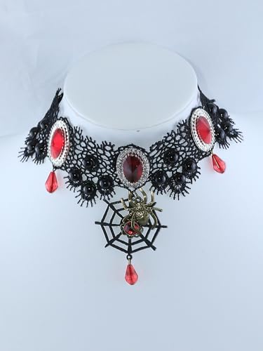 Gothic Victorian Style Vampire Choker Necklace for Women Black Crystal Tassel Lace Collar Necklace Halloween Punk Black Sexy Lace Necklace Halloween Cavewoman Costume - style: Spider