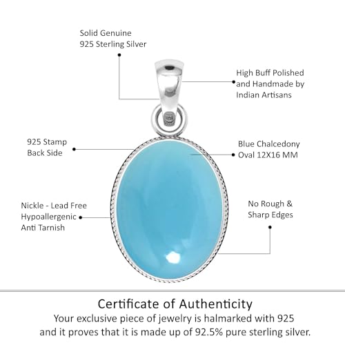 Chunky Natural Gemstone Pendant Necklace For Women Onyx, Turquoise, Amber, Garnet Oval Boho Genuine 925 Sterling Silver Handmade Jewelry - color: Blue Chalcedony