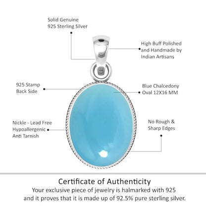 Chunky Natural Gemstone Pendant Necklace For Women Onyx, Turquoise, Amber, Garnet Oval Boho Genuine 925 Sterling Silver Handmade Jewelry - color: Blue Chalcedony