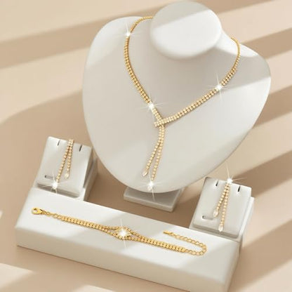 4 Pieces Cubic Zirconia Wedding Jewelry Sets for Bride Rhinestone Bridal Jewelry Set Necklace Bracelet Earring Ring for Brides Bridesmaid for Wedding Party - color: 4 PCS-Gold
