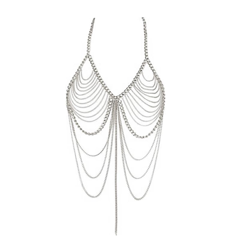 Sexy tassel body chain bra chain gold body jewelry bikini chain beach shoulder chain accessories carnival nightclub party gift (golden-3666) - style: silver-3666