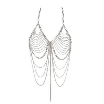 Sexy tassel body chain bra chain gold body jewelry bikini chain beach shoulder chain accessories carnival nightclub party gift (golden-3666) - style: silver-3666