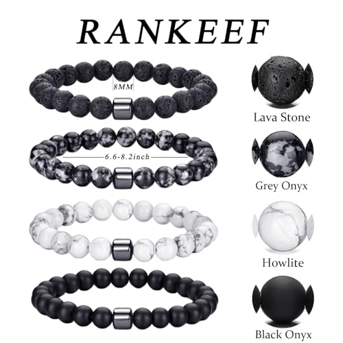Mens Beaded Bracelets Set 8MM Tiger Eye Lava Stone Stretch Natural Stone Men's Bead Bracelet Mens Bracelet - color: 4,lava rock,black,grey,white bracelet