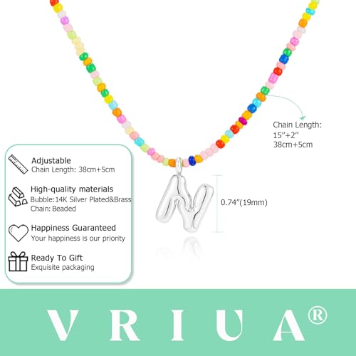 VRIUA Colorful Initial Necklaces for Women – Bubble Letter A-Z Necklace Handmade Beaded Necklace Dainty Initial Necklaces for Girls Kids - Teen Girls Gifts Trendy Jewelry - color: Silver, style: N
