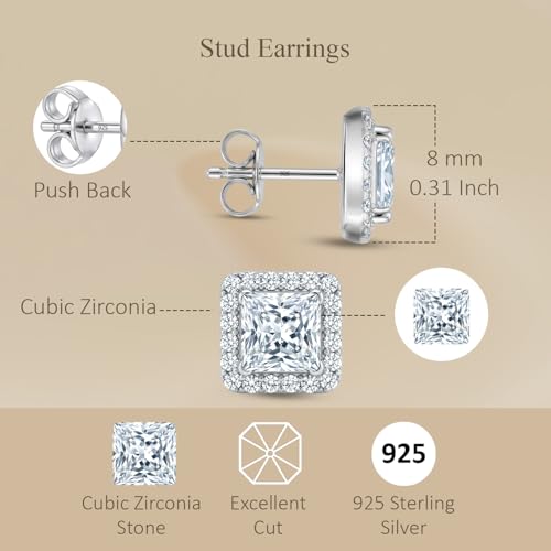 LeCalla 925 Sterling Silver CZ Stud Earrings for Women | Cubic Zirconia Halo & Heart Stud Earring | Rhodium-Plated Silver Jewelry for Her Mom Wife - color: Square Cubic Zirconia Studs