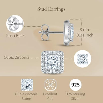 LeCalla 925 Sterling Silver CZ Stud Earrings for Women | Cubic Zirconia Halo & Heart Stud Earring | Rhodium-Plated Silver Jewelry for Her Mom Wife - color: Square Cubic Zirconia Studs