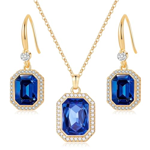EVEVIC Octagon Austrian Crystal Necklace and Earrings Jewelry Set for Women | 14K Gold-Plated,Octagon-Cut Crystal with CZ Halo Shine,Adjustable Chain Fit,Elegant Sets for Weddings and Galas,Gift Box - color: Sapphire