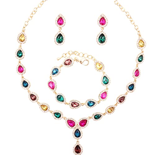 Austrian Crystal Rhinestone Necklace Dangle Earrings Link Bracelet Jewelry Set for Brides Bridesmaid Prom Costume Accessories for Women - color: Multicolor-Gold Plated