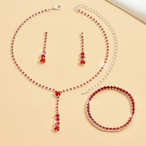 MIFYNN Rhinestone Wedding Set for Women Sparkle Crystal Earrings Necklace Bracelet Jewelry Set Wedding Party Prom Jewelry Set for Brides Bridesmaid - color: Red