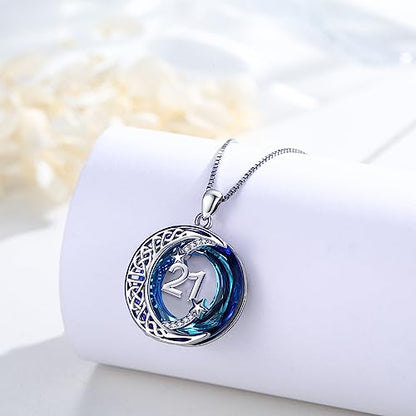 JUSTKIDSTOY Birthday Gifts for Women Girls 925 Sterling Silver Celtic Moon Star Necklace with Blue Crystal Pendant Jewelry for Sister Friends - style: 21st