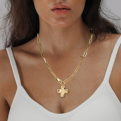 Chunky Cross Necklace for Women Trendy 14K Gold Silver Plated Statement Big Cross Pendant Paperclip Chain Charm Necklaces Religious Faith Easter Basket Stuffers Baptism Costume Jewelry Gift - color: Gold-Lobster Clasp-1 inch pendant