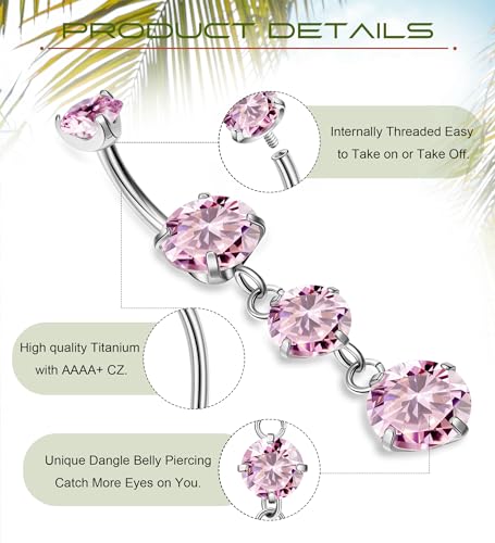 G23 Titanium Dangle Belly Button Rings for Women Dangling Navel Rings CZ Belly Rings Curved Barbell Internally Threaded Belly Piercing Jewelry - color: Pink