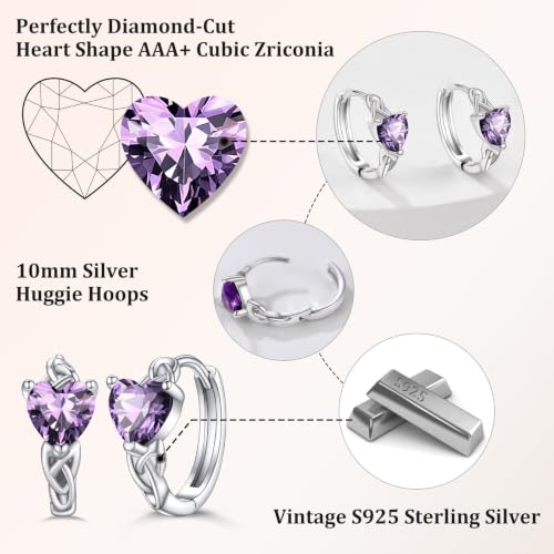 Bestyle 925 Sterling Silver Huggie Hoop Earrings Small Birthstone Hoop Earrings for Women Hypoallergenic Silver Huggie Earring,Great Birthday Earrings Gift for Daughter Wife Mom - color: 02-Purple Amethyst-Hoop